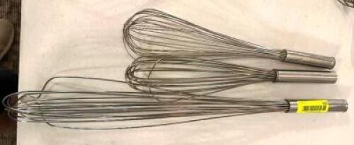DESCRIPTION: (3) ASSORTED SIZED STAINLESS WHISKS SIZE: SEE PHOTOS LOCATION: MAIN HALL QTY: 3