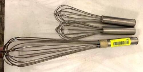 DESCRIPTION: (3) ASSORTED SIZED STAINLESS WHISKS SIZE: SEE PHOTOS LOCATION: MAIN HALL QTY: 3