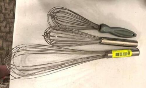 DESCRIPTION: (3) ASSORTED SIZED STAINLESS WHISKS SIZE: SEE PHOTOS LOCATION: MAIN HALL QTY: 3