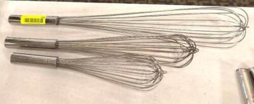 DESCRIPTION: (3) ASSORTED SIZED STAINLESS WHISKS SIZE: SEE PHOTOS LOCATION: MAIN HALL QTY: 3
