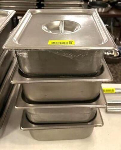 DESCRIPTION: (4) HALF SIZE STAINLESS INSERTS WITH LIDS SIZE: 4" DEEP LOCATION: MAIN HALL QTY: 4