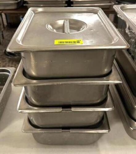 DESCRIPTION: (4) HALF SIZE STAINLESS INSERTS WITH LIDS SIZE: 4" DEEP LOCATION: MAIN HALL QTY: 4