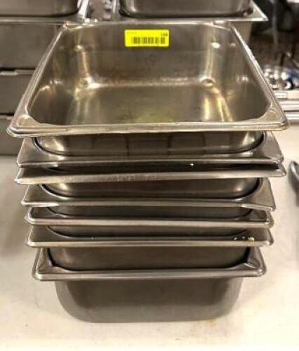 DESCRIPTION: (7) HALF SIZE STAINLESS INSERTS SIZE: 4" DEEP LOCATION: MAIN HALL QTY: 7