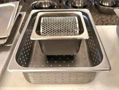 DESCRIPTION: 1/2 SIZE STAINLESS PERFORATED INSERT WITH 1/6 SIZE BUTTER ROLLER INSERT SIZE: 4" DEEP LOCATION: MAIN HALL QTY: 2