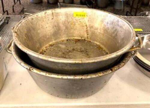 DESCRIPTION: (2) METAL BOWLS WITH HANDLES SIZE: 18"X6" LOCATION: MAIN HALL QTY: 2