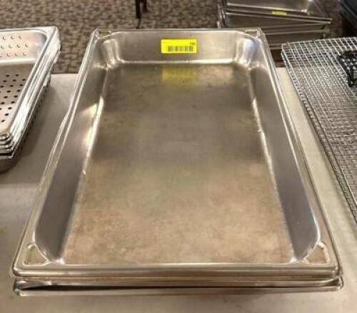 DESCRIPTION: (3) FULL SIZE STAINLESS INSERTS SIZE: 4" DEEP LOCATION: MAIN HALL QTY: 3