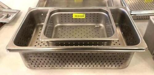 DESCRIPTION: (2) FULL SIZE AND (1) HALF SIZE PERFORATED STAINLESS INSERTS SIZE: 6" AND 4" LOCATION: MAIN HALL QTY: 3