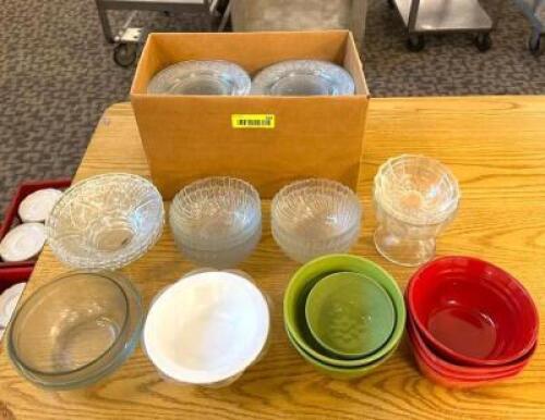 DESCRIPTION: ASSORTED GLASS AND CERAMIC BOWLS AND PLATES AS SHOWN LOCATION: MAIN HALL QTY: 1