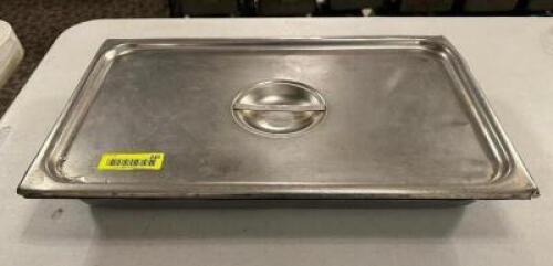 DESCRIPTION: (6) FULL SIZE STAINLESS INSERTS W/ LIDS SIZE 2" DEEP LOCATION: MAIN HALL THIS LOT IS: SOLD BY THE PIECE QTY: 6