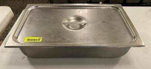 DESCRIPTION: (3) FULL SIZE STAINLESS INSERTS W/ LIDS SIZE 4" DEEP LOCATION: MAIN HALL THIS LOT IS: SOLD BY THE PIECE QTY: 3