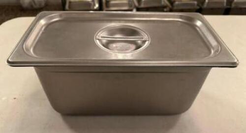 DESCRIPTION: (6) 1/3 SIZE STAINLESS INSERTS W/ LIDS SIZE 6" DEEP LOCATION: MAIN HALL THIS LOT IS: SOLD BY THE PIECE QTY: 6