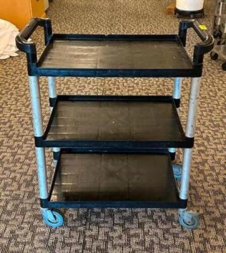 DESCRIPTION: 3-TIER PLASTIC UTILITY CART SIZE: 24"X16"X34" LOCATION: MAIN HALL QTY: 1