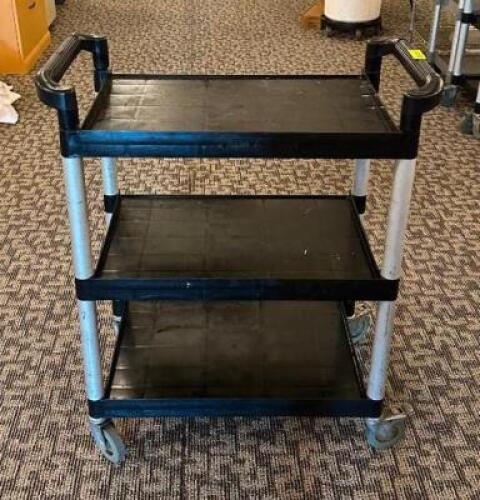 DESCRIPTION: 3-TIER PLASTIC UTILITY CART SIZE: 24"X16"X34" LOCATION: MAIN HALL QTY: 1