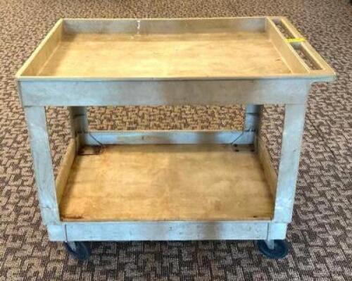 DESCRIPTION: 2-TIER PLASTIC UTILTIY CART SIZE: 36"X24"X32" LOCATION: MAIN HALL QTY: 1