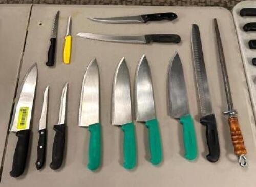 DESCRIPTION: ASSORTED CHEFS KNIVES AS SHOWN LOCATION: MAIN HALL QTY: 1