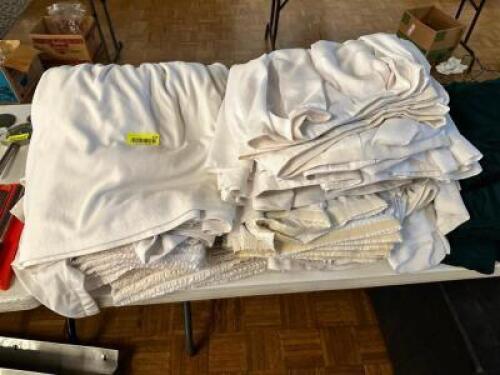 DESCRIPTION: (1) LOT OF WHITE TABLE SKIRTS FOR 8' BANQUET TABLES. LOCATION: MAIN HALL THIS LOT IS: ONE MONEY QTY: 1