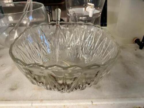 DESCRIPTION: GLASS PUNCH BOWL W/ SERVER AND MUGS LOCATION: MAIN HALL THIS LOT IS: ONE MONEY QTY: 1