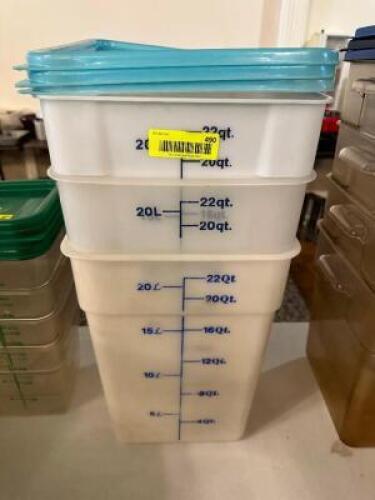 DESCRIPTION: (3) 22 QT PLASTIC CONTAINERS W/ LIDS SIZE 22 QT LOCATION: MAIN HALL THIS LOT IS: SOLD BY THE PIECE QTY: 3