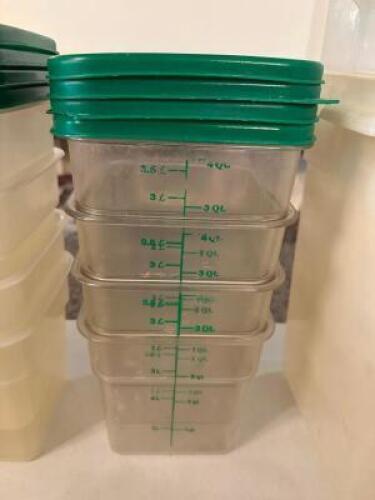 DESCRIPTION: (4) 4 QT PLASTIC CONTAINERS W/ LIDS SIZE 4 QT LOCATION: MAIN HALL THIS LOT IS: SOLD BY THE PIECE QTY: 4