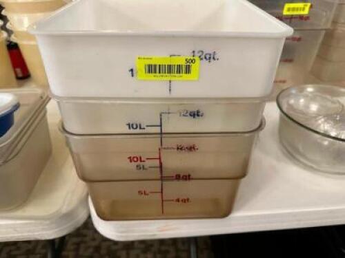 DESCRIPTION: (3) 12 QT PLASTIC CONTAINERS SIZE 12 QT LOCATION: MAIN HALL THIS LOT IS: SOLD BY THE PIECE QTY: 3