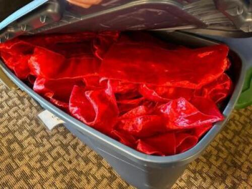 DESCRIPTION: PLASTIC TOTE AND CONTENTS - RED BOWS LOCATION: MAIN HALL THIS LOT IS: ONE MONEY QTY: 1