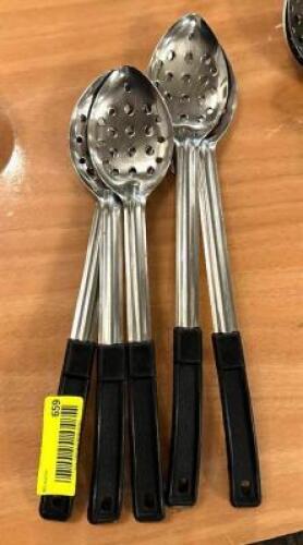 DESCRIPTION: (5) PERFORATED STAINLESS SERVING SPOONS LOCATION: MAIN HALL QTY: 5