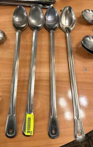 DESCRIPTION: (4) LONG HANDLED STAINLESS SERVING SPOONS LOCATION: MAIN HALL QTY: 4