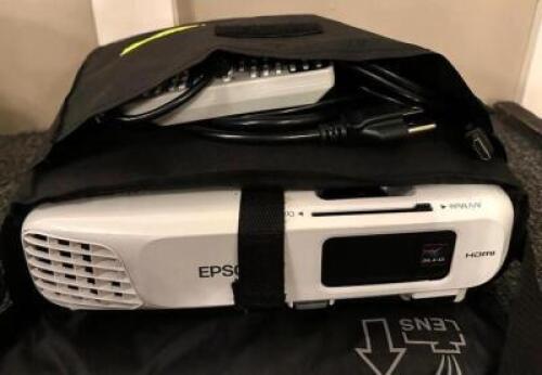 DESCRIPTION: LCD PROJECTOR WITH CASE AND ACCESSORIES BRAND/MODEL: EPSON H552A LOCATION: MAIN HALL QTY: 1