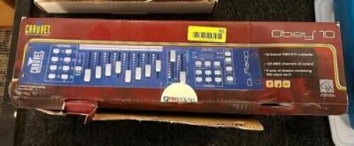 DESCRIPTION: OBEY 10 UNIVERSAL DMX 512 CONTROLLER BRAND/MODEL: CHAUVET LOCATION: MAIN HALL QTY: 1