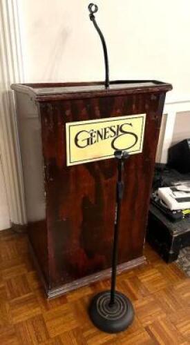 DESCRIPTION: WOODEN PODIUM AND MICROPHONE STAND LOCATION: MAIN HALL QTY: 1
