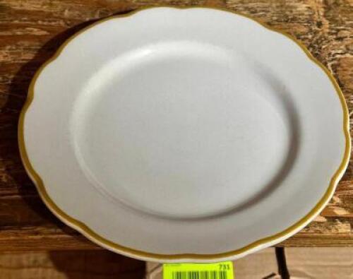 DESCRIPTION: (24) 9.5" CHINA PLATES W/ GOLD TRIM LOCATION: MAIN HALL THIS LOT IS: SOLD BY THE PIECE QTY: 24