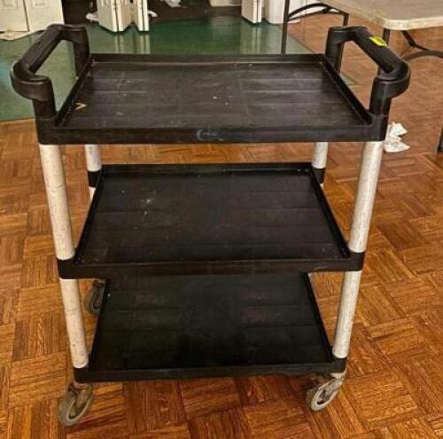 DESCRIPTION: 3-TIER PLASTIC UTILITY CART SIZE: 24"X16"X32" LOCATION: MAIN HALL QTY: 1