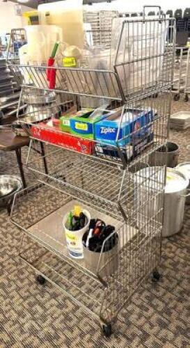 DESCRIPTION: 5-TIER WIRE BIN CART INFORMATION: CONTENTS NOT INCLUDED SIZE: 20"X34"X54" LOCATION: MAIN HALL QTY: 1
