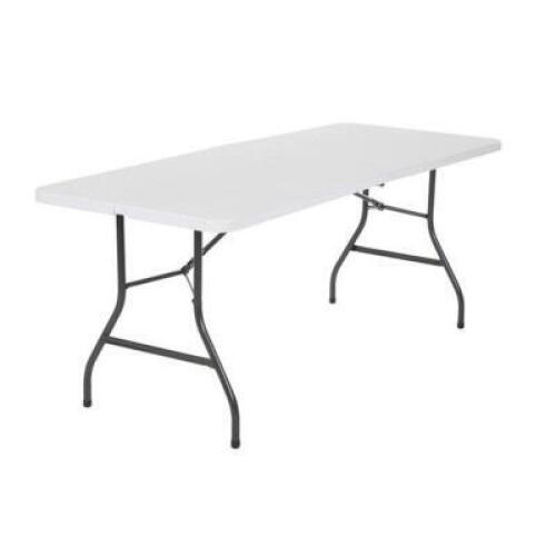 DESCRIPTION: 6' PLASTIC FOLDING TABLE (USED) INFORMATION: CONTENTS NOT INCLUDED, SECOND DAY PICKUP ONLY LOCATION: MAIN HALL QTY: 1