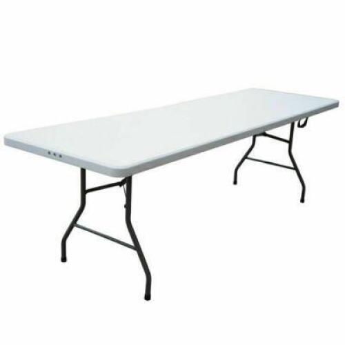 DESCRIPTION: 8' PLASTIC FOLDING TABLE (USED) INFORMATION: CONTENTS NOT INCLUDED, SECOND DAY PICKUP ONLY LOCATION: MAIN HALL QTY: 1
