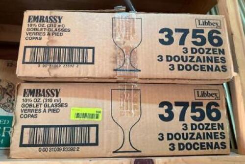 DESCRIPTION: (2) 36CT BOXES OF EMBASSY GOBLET GLASSES BRAND/MODEL: LIBBEY INFORMATION: USED LOCATION: SHED QTY: 2