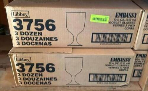 DESCRIPTION: (2) 36CT BOXES OF EMBASSY GOBLET GLASSES BRAND/MODEL: LIBBEY INFORMATION: USED LOCATION: SHED QTY: 2