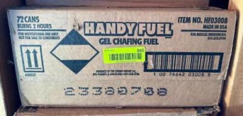 DESCRIPTION: 72CT BOX OF GEL CHAFING FUEL BRAND/MODEL: HANDY FUEL HF03008 LOCATION: SHED QTY: 1