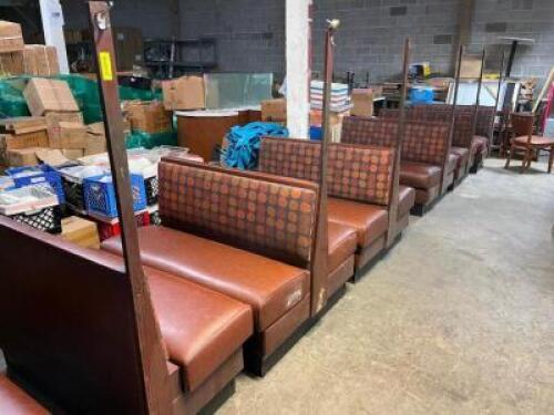 DESCRIPTION: (5) SECTIONS OF 48" BOOTH SEATING W/ COAT RACK POSTS. BROWN CUSHIONS W/ UPHOLSTERED BACKS SIZE 48" LOCATION: BAY 6 THIS LOT IS: SOLD BY T
