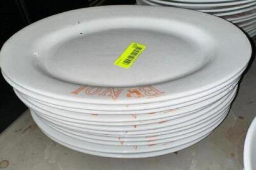 DESCRIPTION: (12) 15" CHINA PLATTERS W/ " BRAVO " LOGO SIZE 15" LOCATION: BAY 7 THIS LOT IS: SOLD BY THE PIECE QTY: 12