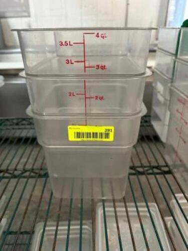 DESCRIPTION: (3) 4 QT PLASTIC CONTAINERS - NO LIDS SIZE 4 QT LOCATION: BAY 6 THIS LOT IS: SOLD BY THE PIECE QTY: 3