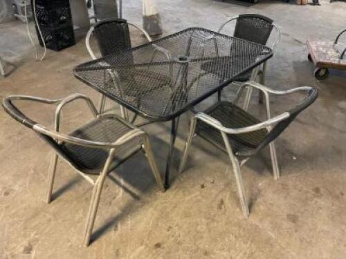 42" X 30" WROUGHT IRON PATIO TABLE W/ (4) WICKER AND CHROME CHARIS