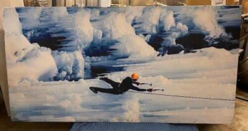 96" X 48" ACOUSTICAL SOUND PANEL W/ CUSTOM FABRIC COVERING. ICE CLIMBER