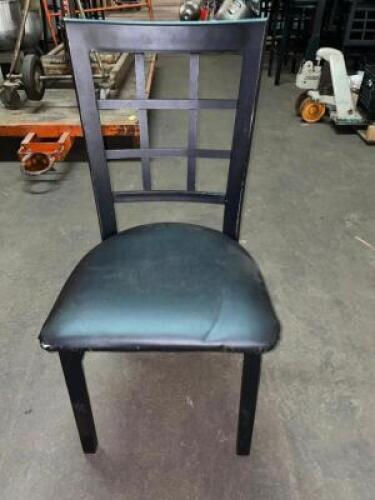 (12) LATTICE BACK METAL CHAIRS W/ BLACK VINYL SEAT CUSHIONS