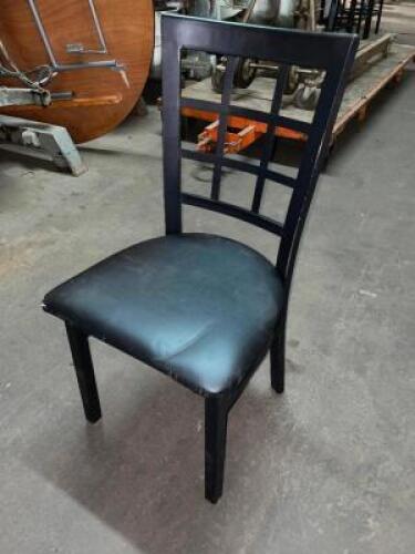 (12) LATTICE BACK METAL CHAIRS W/ BLACK VINYL SEAT CUSHIONS