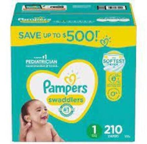 DESCRIPTION: (1) BOX OF (210) SWADDLERS BRAND/MODEL: PAMPERS RETAIL$: $83.69 EA SIZE: 1 QTY: 1