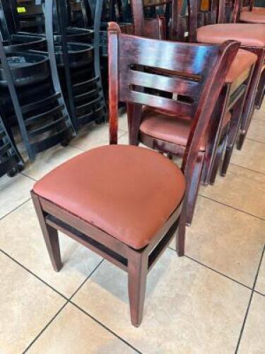 DESCRIPTION: (11) BROWN LADDER BACK WOODEN CHAIRS W/ LIGHT TAN VINYL SEAT CUSHIONS LOCATION: FRONT THIS LOT IS: SOLD BY THE PIECE QTY: 11