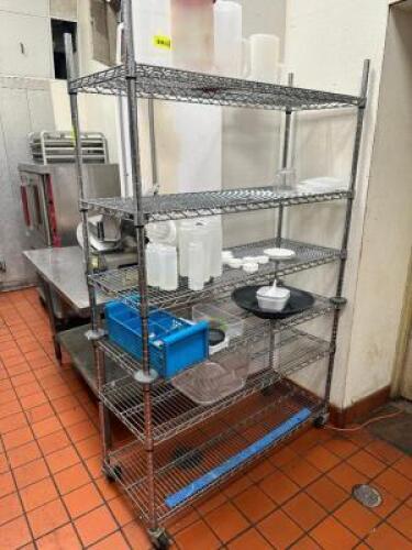 DESCRIPTION: 48" X 18" SIX TIER WIRE SHELF ON CASTERS ADDITIONAL INFORMATION CONTENTS NOT INCLUDED. SIZE 48" X 18" X 75" LOCATION: KITCHEN QTY: 1