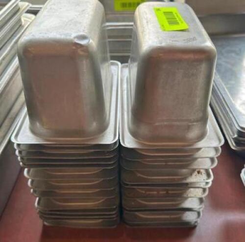 DESCRIPTION: (23) 1/9TH SIZE STAINLESS INSERTS ADDITIONAL INFORMATION 4" DEEP LOCATION: FRONT THIS LOT IS: SOLD BY THE PIECE QTY: 23