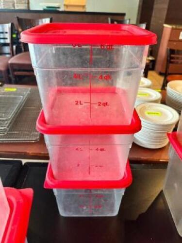 DESCRIPTION: (3) 6 QT PLASTIC CONTAINERS W/ LIDS SIZE 6 QT LOCATION: FRONT THIS LOT IS: SOLD BY THE PIECE QTY: 3